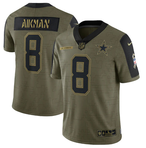 Dallas Cowboys #8 Troy Aikman 2021 Olive Salute To Service Jersey