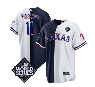 Dallas Cowboys & Texas Rangers #11 Micah Parsons Navy-White Splite 2023 World Series Splite Baseball Jersey