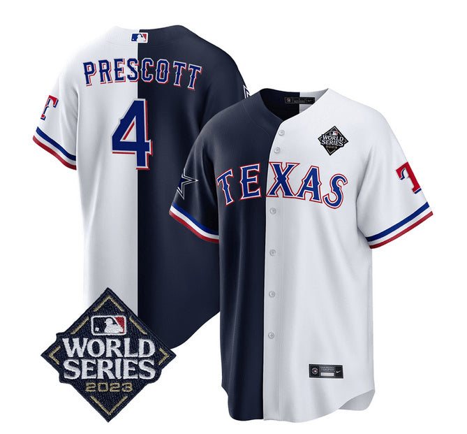 Dallas Cowboys & Texas Rangers #4 Dak Prescott Navy-White Splite 2023 World Series Splite Baseball Jersey