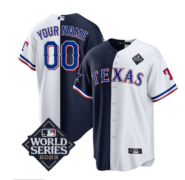Dallas Cowboys & Texas Rangers Custom Navy-White Splite 2023 World Series Splite Baseball Jersey