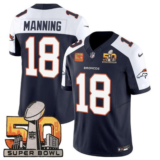 Denver Broncos #18 Peyton Manning Navy-White 2024 FUSE With Super Bowl 50 Patch And 4-star C Patch Jersey