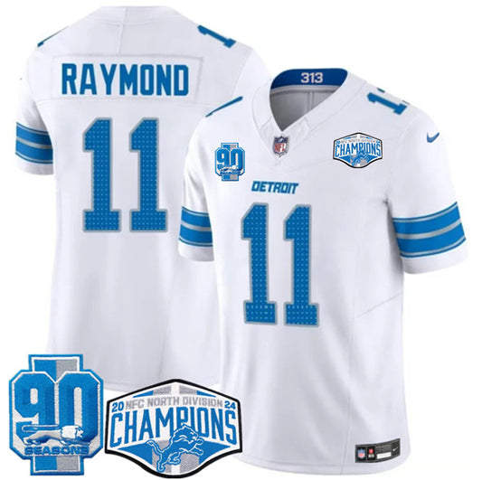 Detroit Lions #11 Kalif Raymond White 2024 NFC North Champions 90th Anniversary Patch FUSE Jersey
