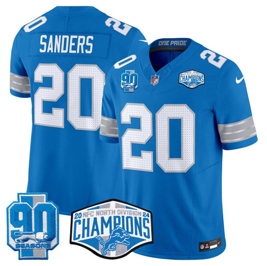 Detroit Lions #20 Barry Sanders Blue 2024 NFC North Champions 90th Anniversary Patch FUSE Jersey