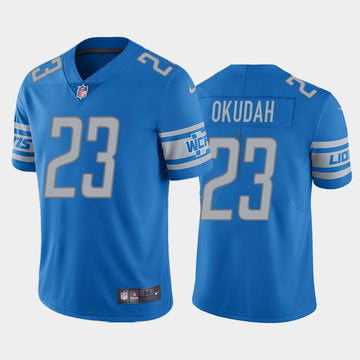 Jeff Okudah Detroit Lions blue jersey