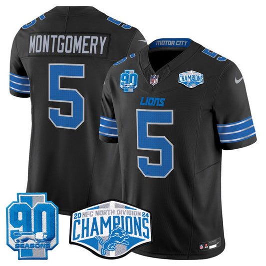 Detroit Lions #5 David Montgomery Black 2024 NFC North Champions 90th Anniversary Patch FUSE Jersey