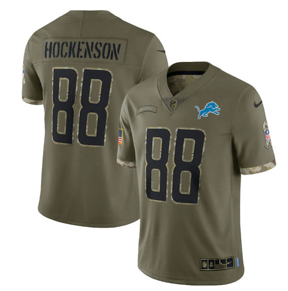 T J Hockenson Detroit Lions olive Salute To Service jersey