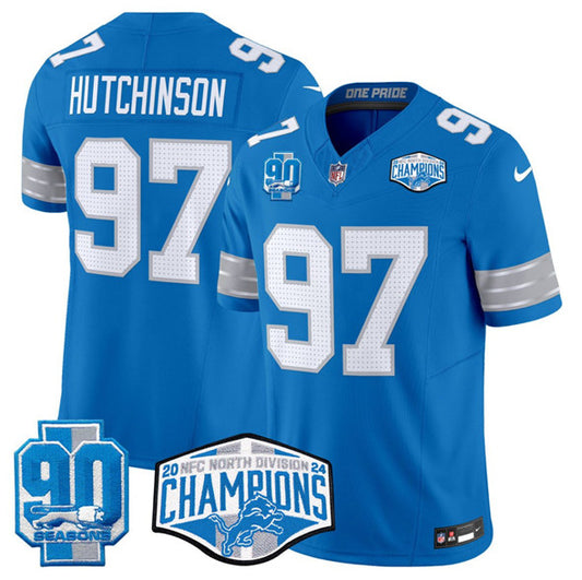 Detroit Lions #97 Aidan Hutchinson Blue 2024 NFC North Champions 90th Anniversary Patch FUSE Jersey