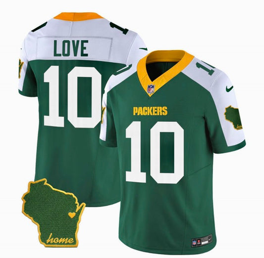 Green Bay Packers #10 Jordan Love Green-White 2023 FUSE Home Patch Jersey