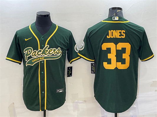 Green Bay Packers #33 Aaron Jones Green Gold With Patch Jersey
