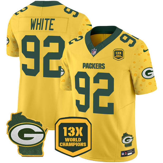 Green Bay Packers #92 Reggie White Gold 2024 FUSE 13 Time World Champions And Home Patch Jersey