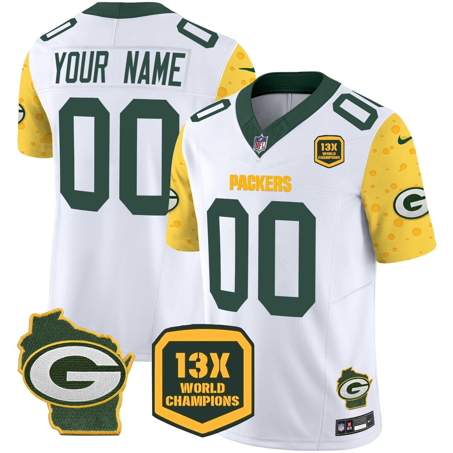 Green Bay Packers Custom Cheese White 2024 FUSE Home Patch 13 Time World Champions Jersey