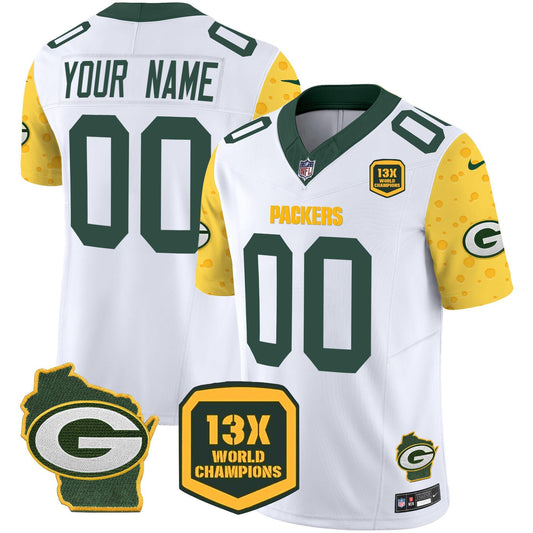 Green Bay Packers Custom Cheese White 2024 FUSE Home Patch 13 Time World Champions Jersey