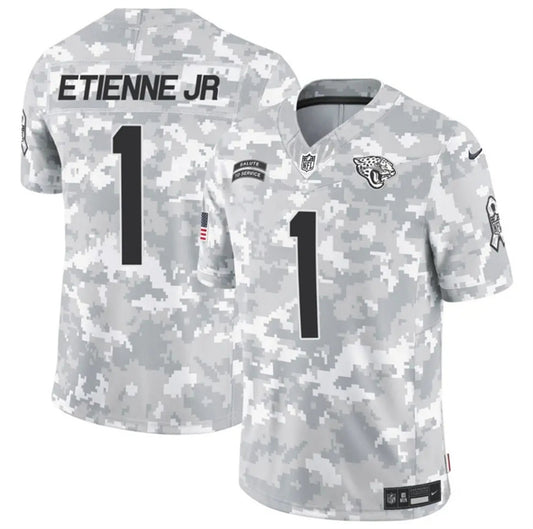 Jacksonville Jaguars #1 Travis Etienne Jr Arctic Camo 2024 FUSE Salute to Service Jersey