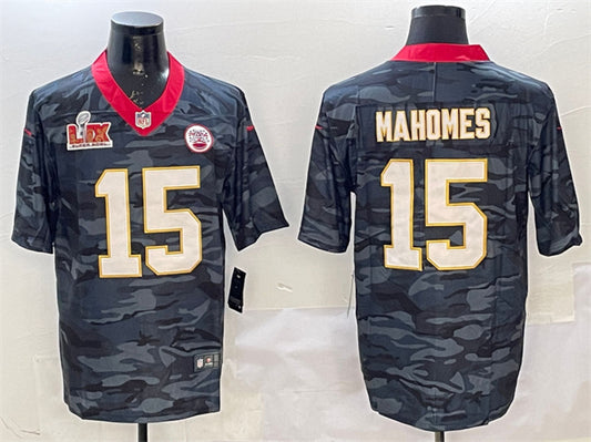 Kansas City Chiefs #15 Patrick Mahomes Black 2025 Super Bowl LIX Patch Camo Jersey