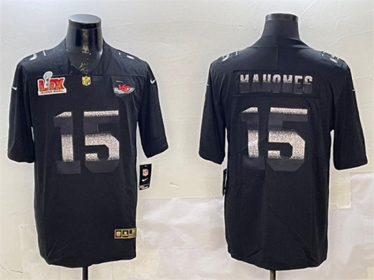 Kansas City Chiefs #15 Patrick Mahomes Black 2025 Super Bowl LIX Patch Shadow Jersey