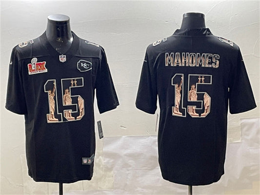 Kansas City Chiefs #15 Patrick Mahomes Black 2025 Super Bowl LIX Patch Statue of Liberty Jersey