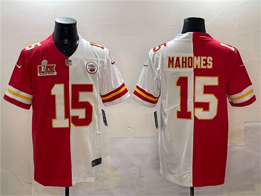 Kansas City Chiefs #15 Patrick Mahomes Red & White Split 2025 Super Bowl LIX Patch Jersey