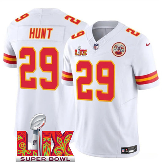 Kansas City Chiefs #29 Kareem Hunt White 2025 FUSE Super Bowl LIX Patch Jersey