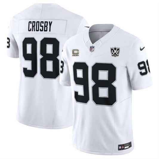 Las Vegas Raiders #98 Maxx Crosby White 2024 FUSE With 4-Star C Patch And 65th Anniversary Patch Jersey