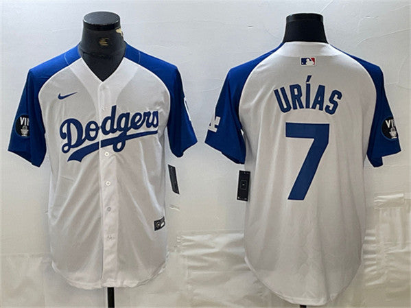 Julio Urias Los Angeles Dodgers white-blue jersey