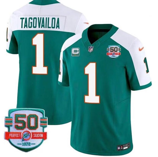 Miami Dolphins #1 Tua Tagovailoa Aqua White 2023 FUSE With 1-star C Patch And 50th Perfect Season Patch Jersey
