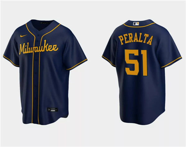 Freddy Peralta Milwaukee Brewers navy jersey