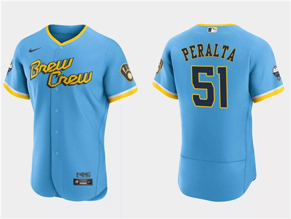 Freddy Peralta Milwaukee Brewers blue City Connect jersey