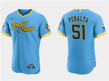Freddy Peralta Milwaukee Brewers blue City Connect jersey