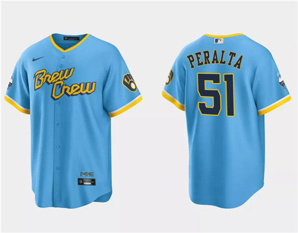 Freddy Peralta Milwaukee Brewers blue City Connect jersey