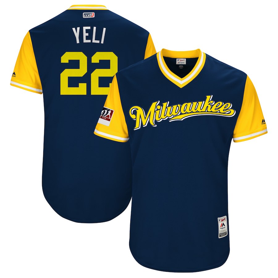 Christian Yelich Yeli Majestic Milwaukee Brewers navy-yellow jersey