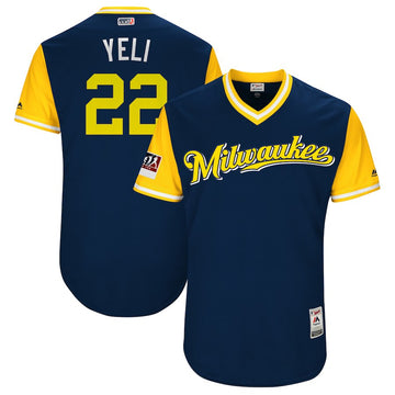 Christian Yelich Yeli Majestic Milwaukee Brewers navy-yellow jersey