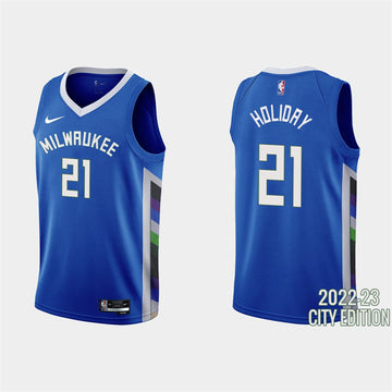 Jrue Holiday Milwaukee Bucks blue City Edition jersey