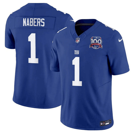 New York Giants #1 Malik Nabers Blue 2024 Draft FUSE 100TH Season Patch Jersey