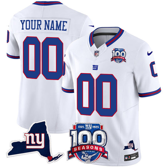 New York Giants Custom White 2024 FUSE 100th Season And State Patch Jersey