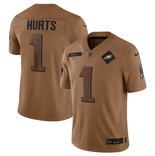 Philadelphia Eagles #1 Jalen Hurts 2023 Brown Salute To Service Jersey