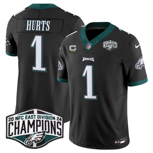 Philadelphia Eagles #1 Jalen Hurts Black 2024 NFC East Champions With 3-Star C Patch FUSE Jersey