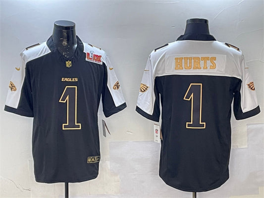 Philadelphia Eagles #1 Jalen Hurts Black-Gold 2025 Super Bowl LIX Patch New FUSE Jersey