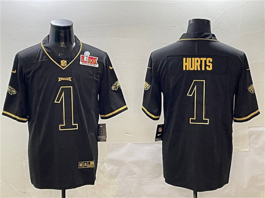 Philadelphia Eagles #1 Jalen Hurts Black-Gold 2025 Super Bowl LIX Patch Salute To Service Jersey