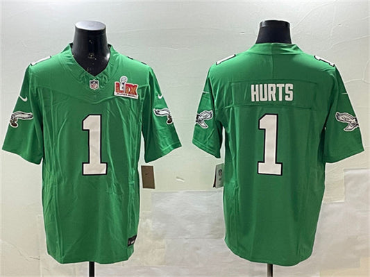 Philadelphia Eagles #1 Jalen Hurts Green 2025 Super Bowl LIX Patch FUSE Throwback Jersey