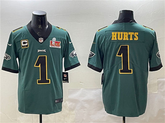 Philadelphia Eagles #1 Jalen Hurts Green Golden 2025 Super Bowl LIX Patch And 2-star C Patch Jersey