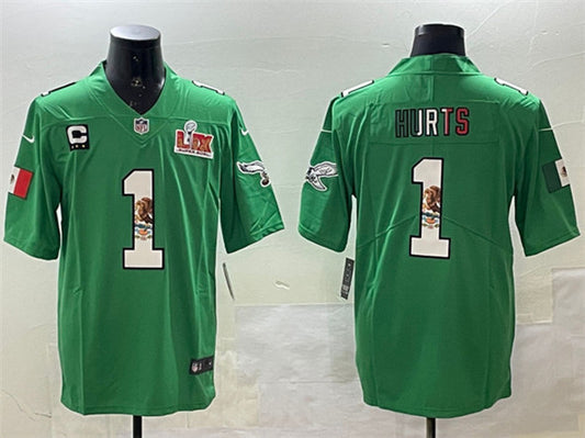 Philadelphia Eagles #1 Jalen Hurts Green Mexico 2025 Super Bowl LIX Patch And 3-star C Patch Jersey