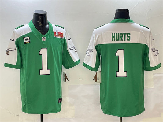 Philadelphia Eagles #1 Jalen Hurts Green-White 2025 Super Bowl LIX Patch And 4-Star C Patch FUSE Jersey