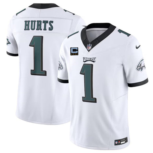 Philadelphia Eagles #1 Jalen Hurts White 2024 FUSE With 4-Star C Patch Jersey