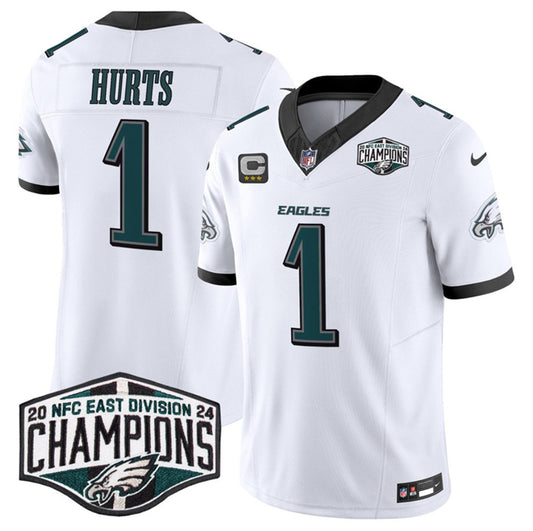 Philadelphia Eagles #1 Jalen Hurts White 2024 New NFC East Champions With 3-Star C Patch FUSE Jersey