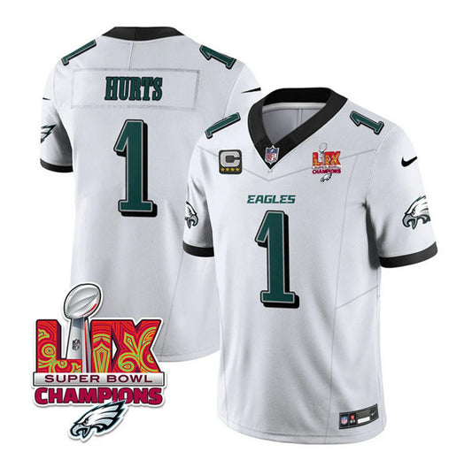 Philadelphia Eagles #1 Jalen Hurts White 2025 Eagles Logo Super Bowl LIX Patch New FUSE Jersey