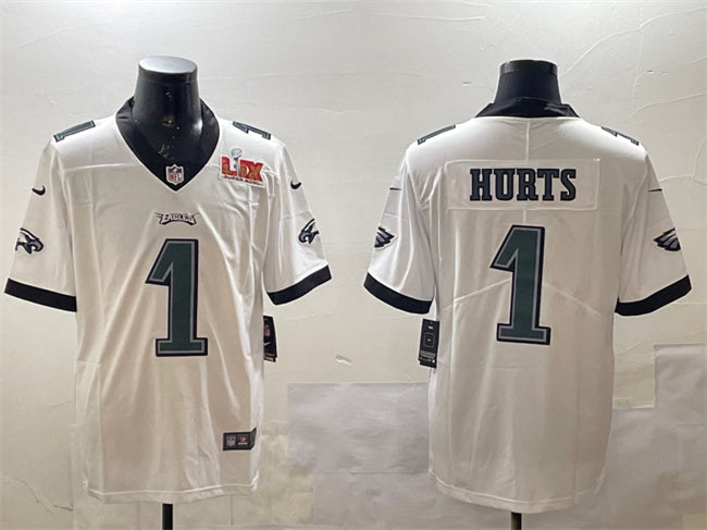 Philadelphia Eagles #1 Jalen Hurts White 2025 Super Bowl LIX Patch Jersey
