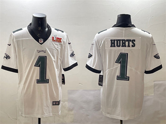 Philadelphia Eagles #1 Jalen Hurts White 2025 Super Bowl LIX Patch Jersey