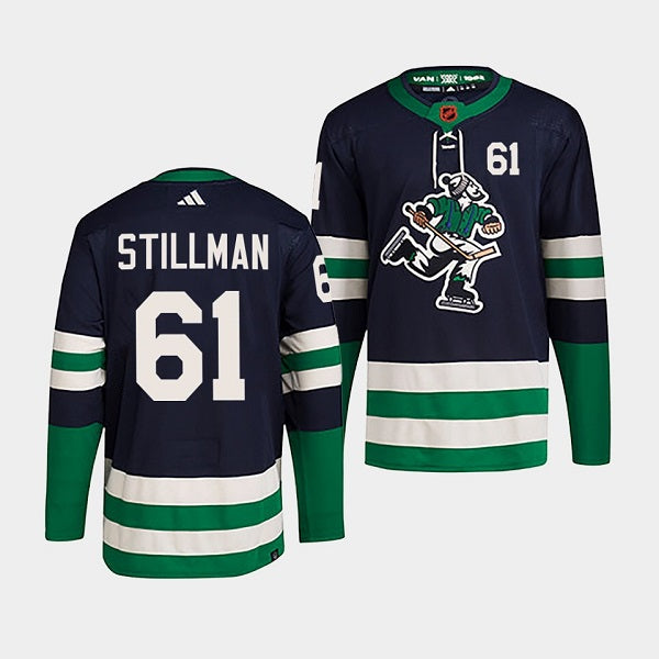 Riley Stillman Vancouver Canucks navy Reverse Retro jersey