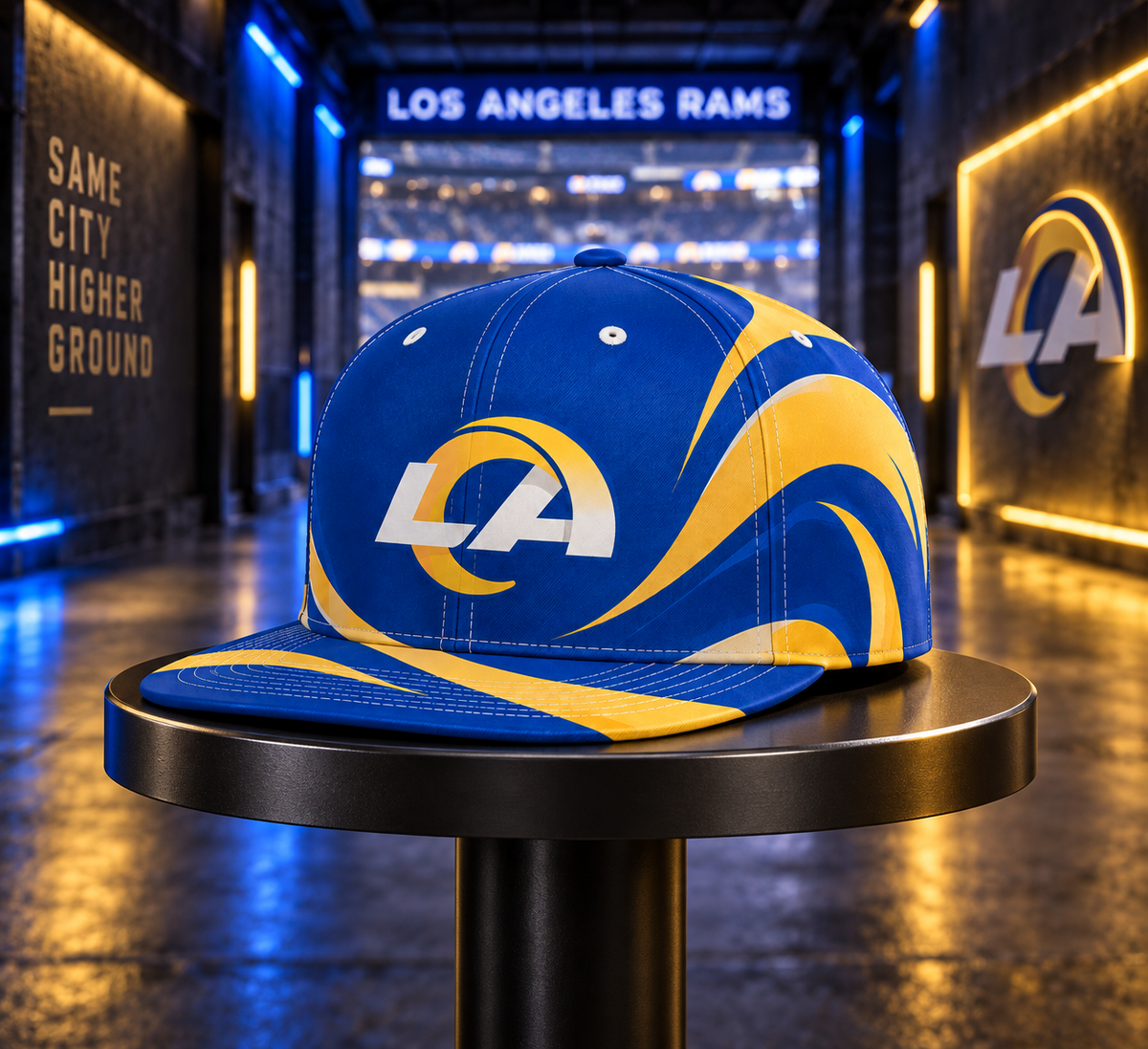 Los Angeles Rams Minimalist Motion Wave Snapback Cap - Stadium Tunnel Neon View