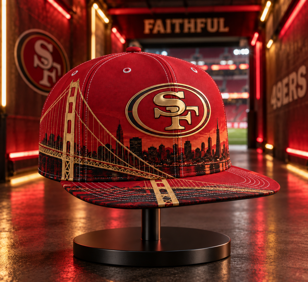 San Francisco 49ers City Skyline Snapback Cap - Stadium Tunnel Neon View